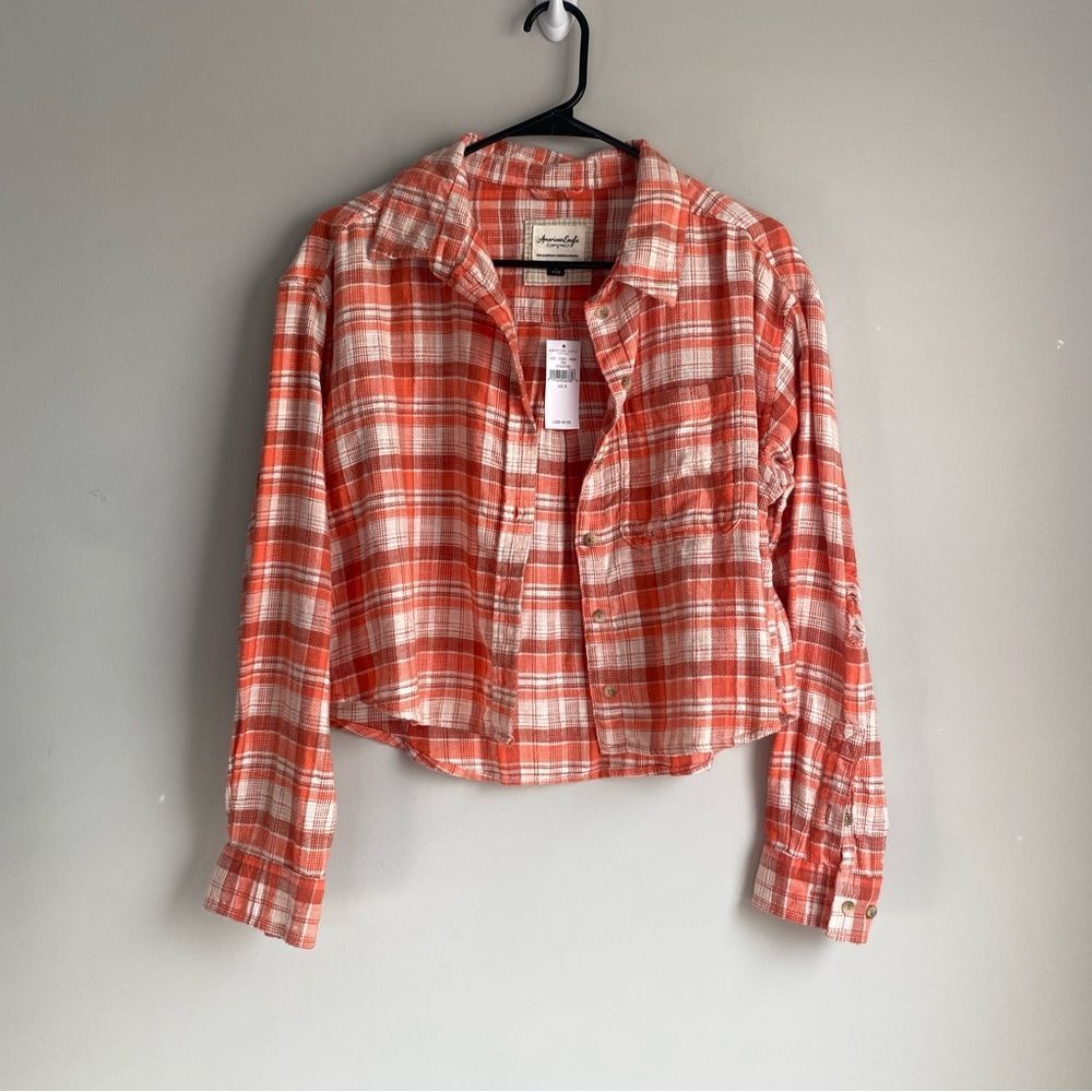 American Eagle AE Cropped Soft Flannel Shirt Distressed Plaid Small NWT Orange